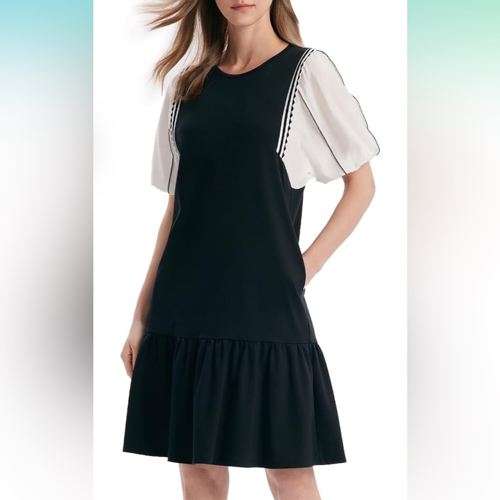 NWT Goelia V-Neck 3/4 Sleeve Casual Boho Black & White Flowy Midi Dress, Size 10